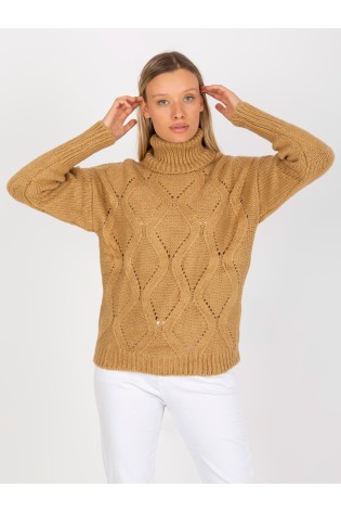 Rusvas moteriškas megztinis su rombų rašto mezgimu-LC-SW-3019.05P