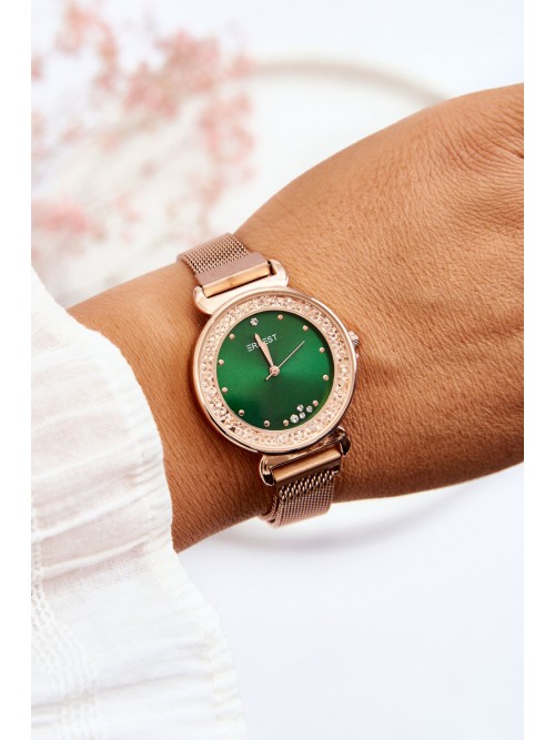 Moteriškas laikrodis su žaliu skydu ERNEST Rose Gold-ZEG.E97271 R.GLD/GR