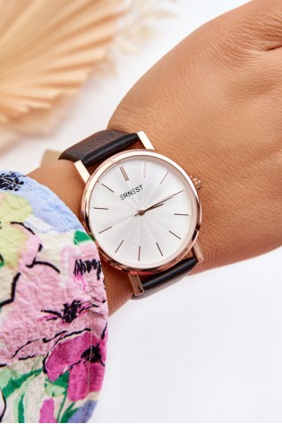 Moteriškas laikrodis su rožinio aukso dėklu Ernest Black Vega-ZEG.E905 BLK/R.GLD