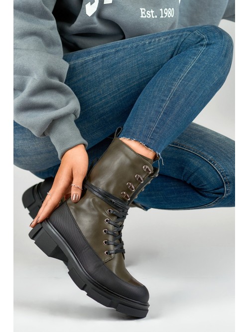 Khaki odiniai auliniai batai su raišteliais-JH21-31GR