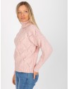 Klasikinis moteriškas rožinis megztinis aukštu kaklu su rombų mezgimu-LC-SW-3019.05P