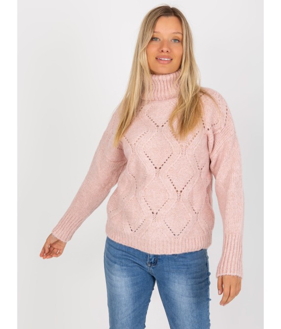 Klasikinis moteriškas rožinis megztinis aukštu kaklu su rombų mezgimu-LC-SW-3019.05P