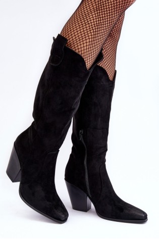 Suede Cowboy Boots On Heel Black Tortana-D7896 BLACK
