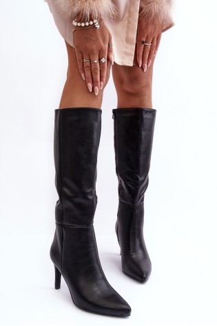 Leather Knee-High Boots with Heel Black Serpens-QT56P BLACK
