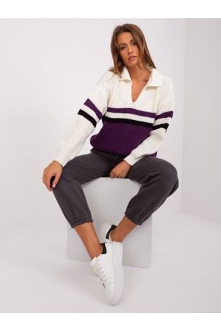 Baltos ir violetinės spalvos oversize megztinis su apykakle-BA-SW-8054.91P