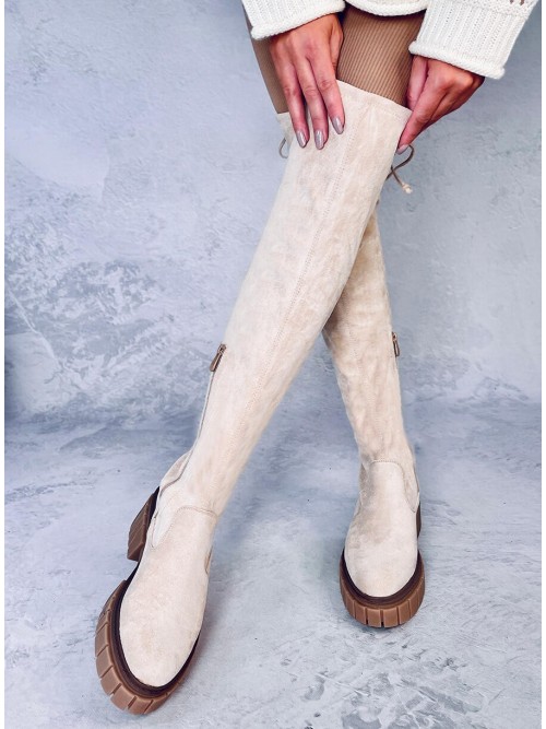 Smėlio spalvos zomšiniai ilgaauliai batai virš kelių ALYSSA BEIGE-KB UK105P