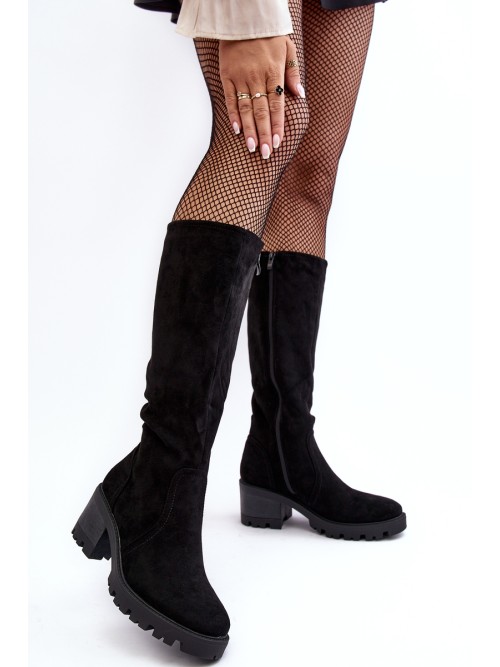 Moteriški juodi zomšiniai ilgaauliai batai iki kelių-D8130 BLACK