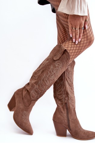 Moteriški zomšiniai rudi kaubojiški batai ant kulno-D8137 KHAKI