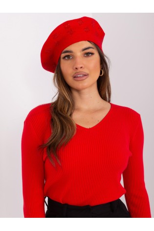 Raudona moteriška žieminė beretė su blizgučiais-AT-CZ-2318.30