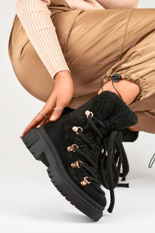 Moteriški juodi šilti žieminiai sniego batai su raišteliais-JJ53B