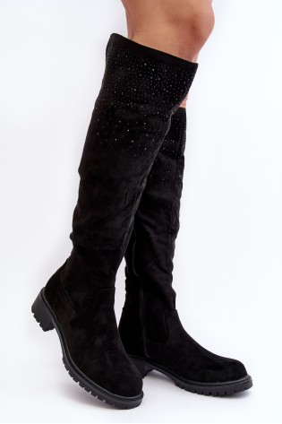 Juodi moteriški batai subtiliai papuoštu aulu-HD055-95 BLACK