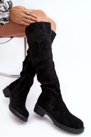 Juodi moteriški batai subtiliai papuoštu aulu-HD055-95 BLACK