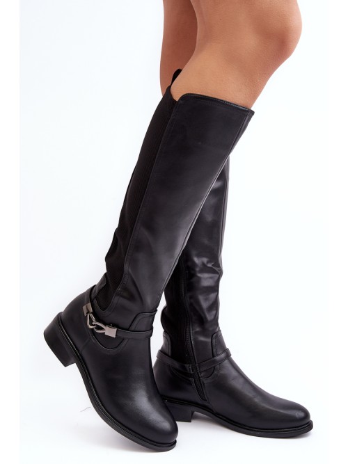 Klasikinio stiliaus moteriški juodi ilgaauliai batai-HY07-329 BLACK