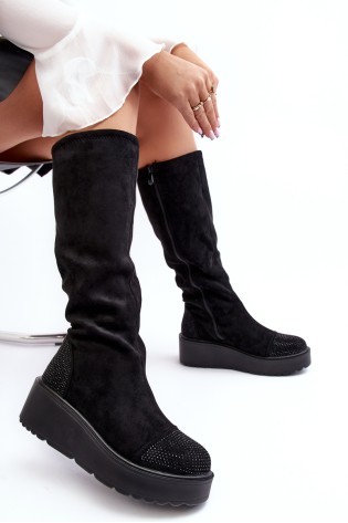 Stilingi moteriški juodi ilgaauliai batai-HY53-8 BLACK