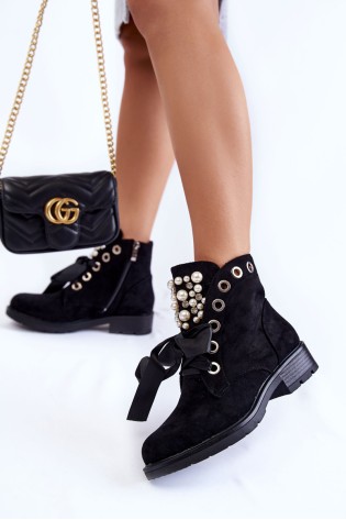 Suede Boots With Pearls And Ribbon Black Perla-CLS-206/8371 BLK