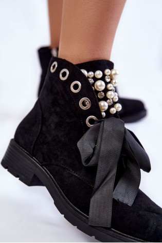 Suede Boots With Pearls And Ribbon Black Perla-CLS-206/8371 BLK