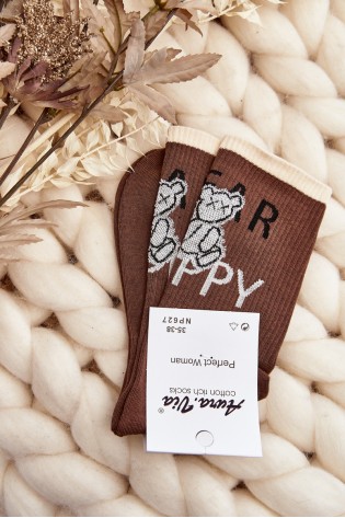 Moteriškos medvilninės kojinės su užrašu ir meškiuku-SK.29392/NP627