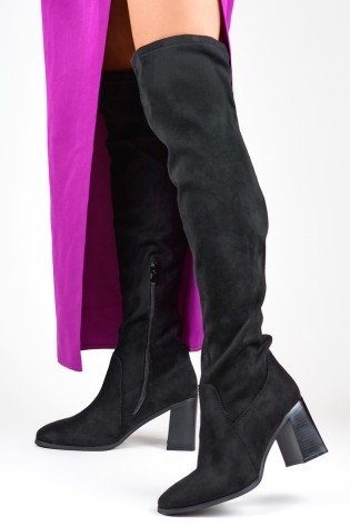 Elegantiški juodi zomšiniai ilgaauliai batai iki kelių-9663Y-B