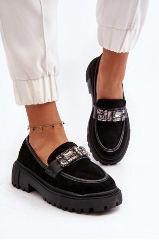 Juodi moteriški klasikiniai batai su puošmena-H8-318 BLACK