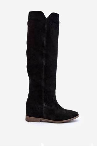Aukštos kokybės natūralios zomšinės odos juodi ilgaauliai batai-3407 CZARNY WELUR