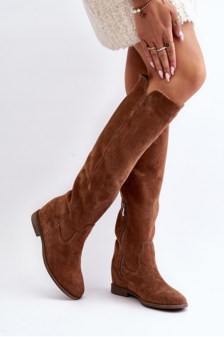 Aukštos kokybės natūralios zomšinės odos rudi ilgaauliai batai-3407 CAMEL WELUR