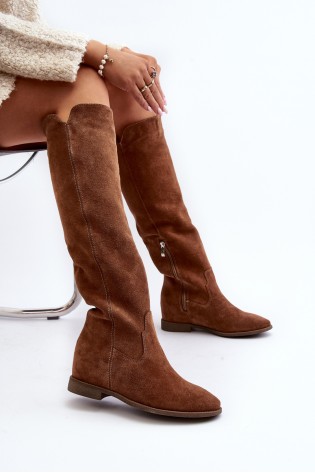 Aukštos kokybės natūralios zomšinės odos rudi ilgaauliai batai-3407 CAMEL WELUR