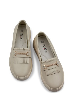 Natūralios odos smėlio spalvos įspiriami batai su auksiniu papuošimu-GD-RS2005BE