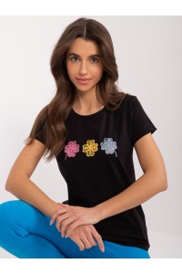 Juodi moteriški marškinėliai su išsiuvinėtomis gėlėmis-RV-TS-9666.05X