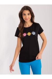 Juodi moteriški marškinėliai su išsiuvinėtomis gėlėmis-RV-TS-9666.05X