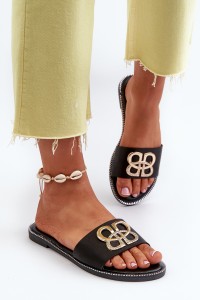 Women's Sandals With Eco Leather Decoration On Flat Heel Black Sadria-W-153 BLACK