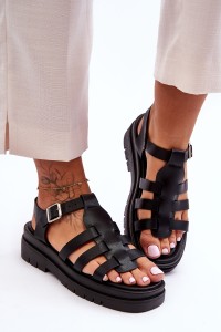 Leather Flat Sandals with Black Straps Diosa-D-27 BLACK