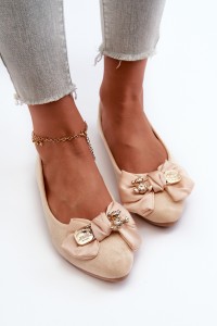 Women's Eco Suede Ballerina Flats with Bow and Brooch in Light Beige Satris-ZA39P BEIGE