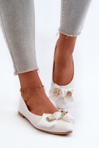 Women's Eco Leather Ballerina Flats with Bow and Brooch White Satris-ZA39P WHITE