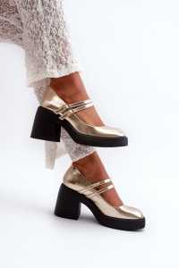 Faux Leather Pumps on Chunky Heel Gold Halmina-M381 GOLD