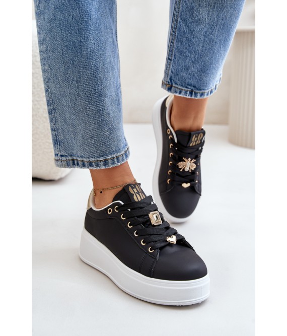 Women's Platform Sneakers with Decorations Black Herbisa-EV-307 BLACK A