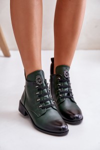 Low Insulated Ankle Boots with Zipper and Decoration Green Nevalia-ASA198-21 ZIELONY