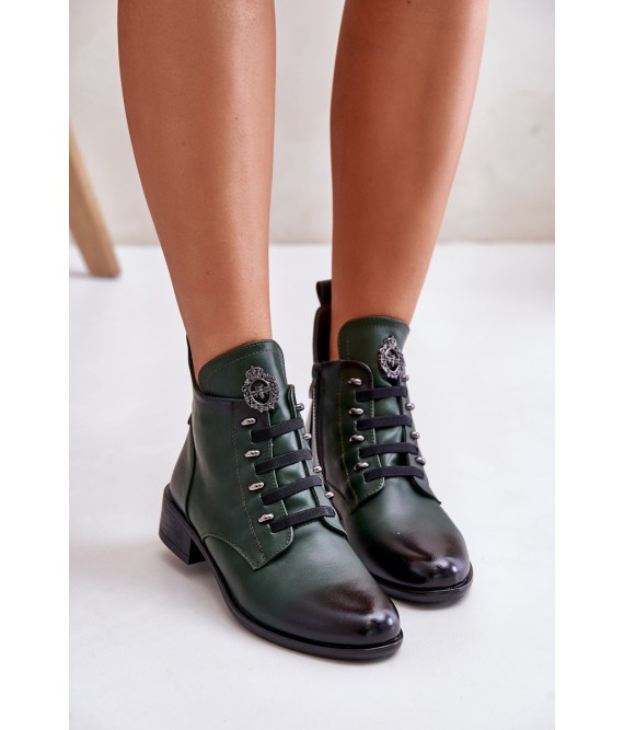 Low Insulated Ankle Boots with Zipper and Decoration Green Nevalia-ASA198-21 ZIELONY