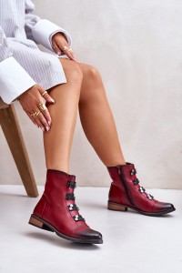 Warm Women's Ankle Boots with Zipper Burgundy Evalith-ASA62-30 CZERWONY