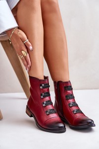 Warm Women's Ankle Boots with Zipper Burgundy Evalith-ASA62-30 CZERWONY