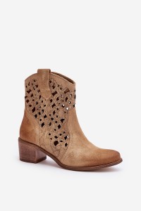 Women'S Ankle Boots With Perforated Pattern Beige Lewski 3394/2-3394/2 BEŻ B.WELUR