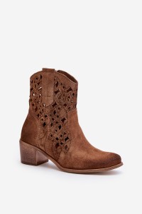 Women's Heeled Boots With Perforated Pattern Brown Lewski 3394/2-3394/2 TABACO WELUR