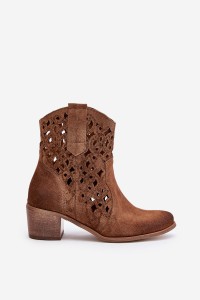 Women's Heeled Boots With Perforated Pattern Brown Lewski 3394/2-3394/2 TABACO WELUR