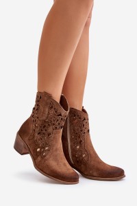 Women's Heeled Boots With Perforated Pattern Brown Lewski 3394/2-3394/2 TABACO WELUR