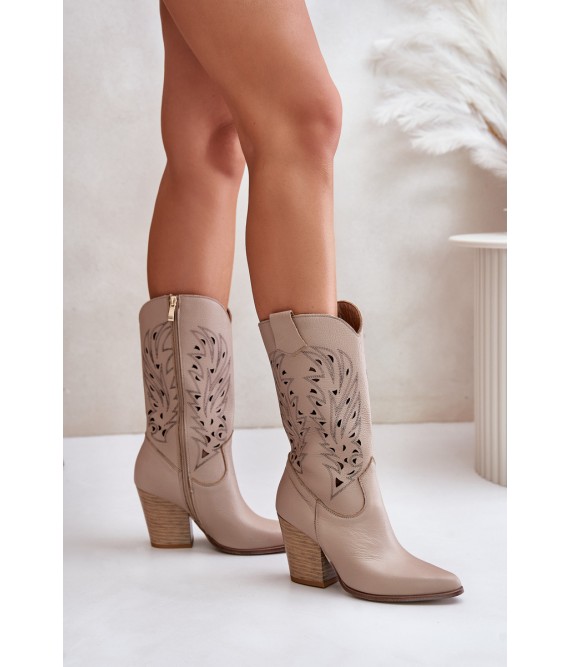 Cutout Knee-High Heeled Leather Boots Beige Lewski 3609-3609 LATTE GROCH