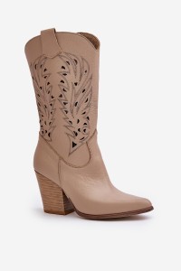 Cutout Knee-High Heeled Leather Boots Beige Lewski 3609-3609 LATTE GROCH