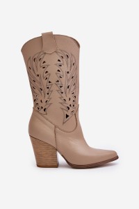 Cutout Knee-High Heeled Leather Boots Beige Lewski 3609-3609 LATTE GROCH