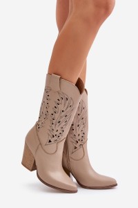 Cutout Knee-High Heeled Leather Boots Beige Lewski 3609-3609 LATTE GROCH