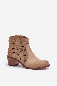 Perforated Suede Ankle Boots Beige Lewski Shoes 3170/2-3170/2 BEŻ B.WELUR