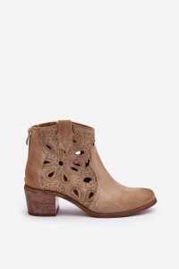 Perforated Suede Ankle Boots Beige Lewski Shoes 3170/2-3170/2 BEŻ B.WELUR