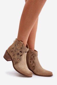 Perforated Suede Ankle Boots Beige Lewski Shoes 3170/2-3170/2 BEŻ B.WELUR